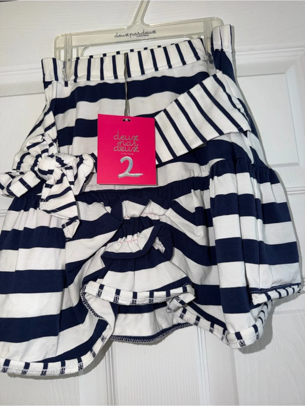 deux par deux Navy Top with Navy & White Striped Skirt Set